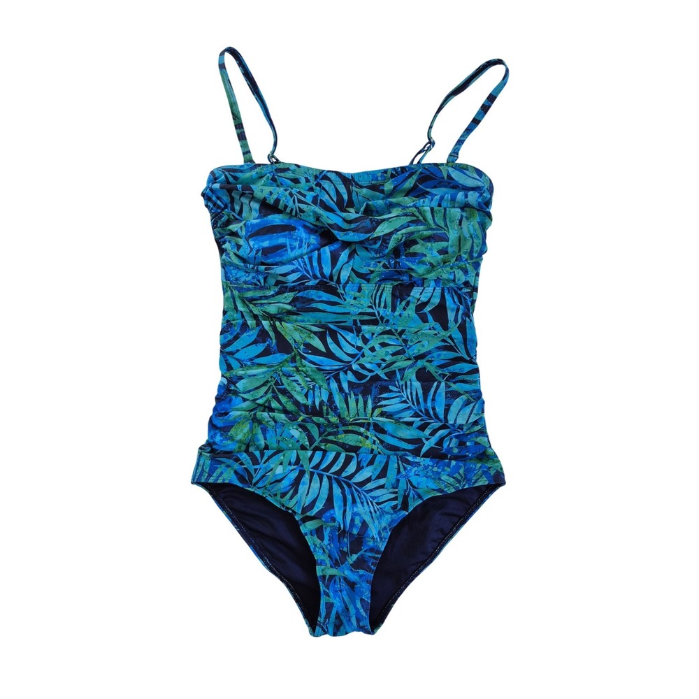 Yonique Womens‎ One Piece Swimsuit Blue Green Tropical Ruched Size S New